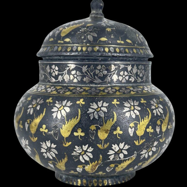 IRON JAR WITH SILVER AND BRASS INLAY