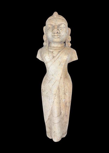 CLASSICAL STONE FIGURE WITH DRAPED GARMENT AND COILED HAIRSTYLE