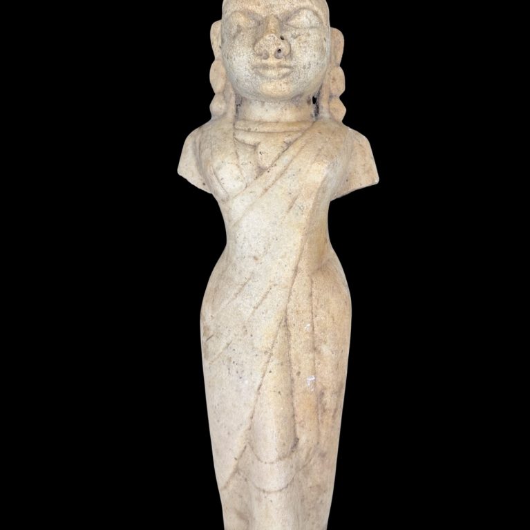 CLASSICAL STONE FIGURE WITH DRAPED GARMENT AND COILED HAIRSTYLE